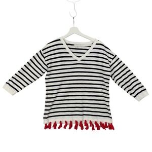 Talbots Nautical Resort Striped Tassel‎ V-Neck Knit Top 3/4 Sleeve Womens Size M